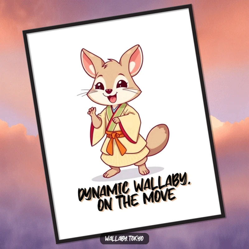 Funny Free Printable Wall Art: A wallaby in traditional Japanese dress executes a dynamic, energetic dancing pose.