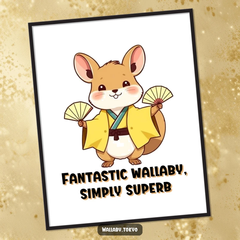 Funny Free Printable Wall Art: A wallaby in a sunny yellow kimono waving a tiny paper fan, full of playful spirit.