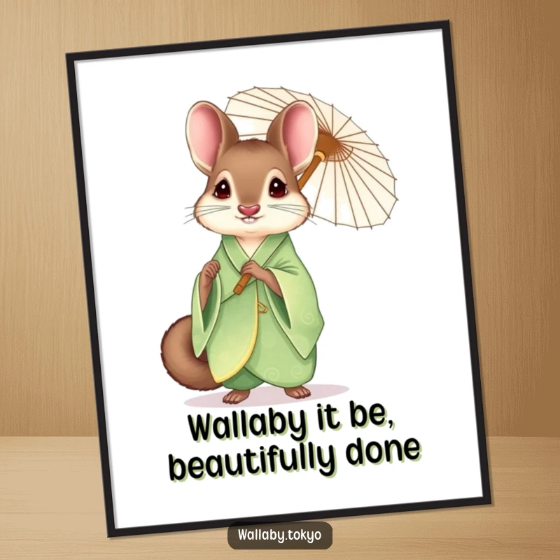 Funny Free Printable Wall Art: A wallaby in an elegant green kimono holding a delicate paper umbrella, humorous decor.