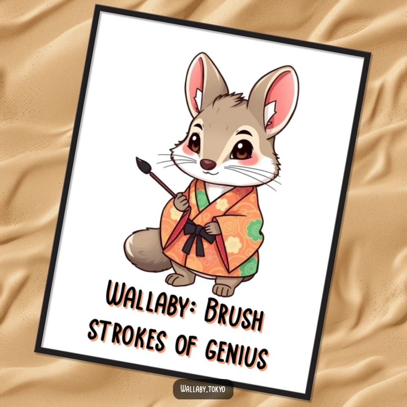 Funny Free Printable Wall Art: A wallaby in a colorful, patterned kimono holds a single, artistic ink brush, ready to create.