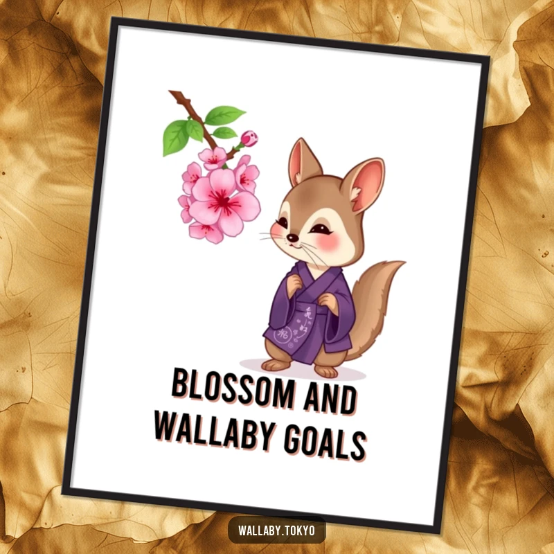 Funny Free Printable Wall Art: A wallaby in a deep purple kimono curiously examining a blooming cherry blossom, serene humor.