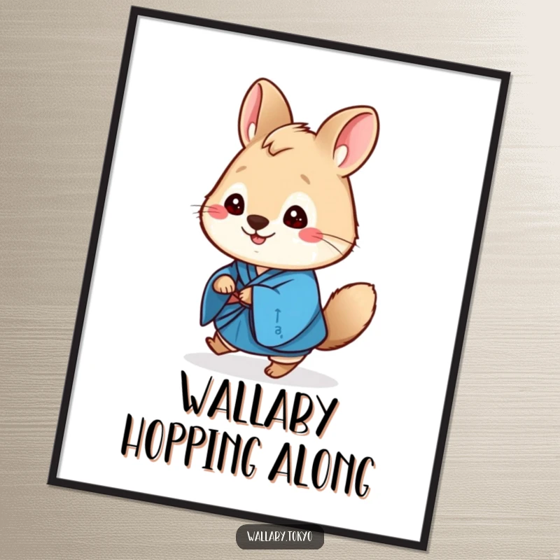 Funny Free Printable Wall Art: A cute, round wallaby in a vibrant blue kimono, cheerfully doing a small hop forward.