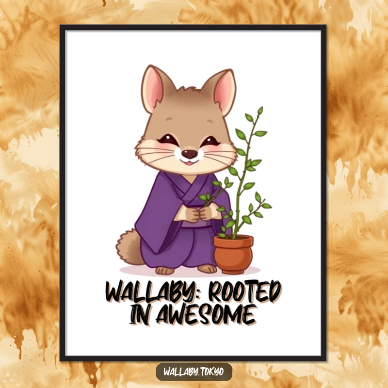 Funny Free Printable Wall Art: A wallaby in a deep purple kimono gently tends to a tiny potted bamboo, bringing zen and humor.
