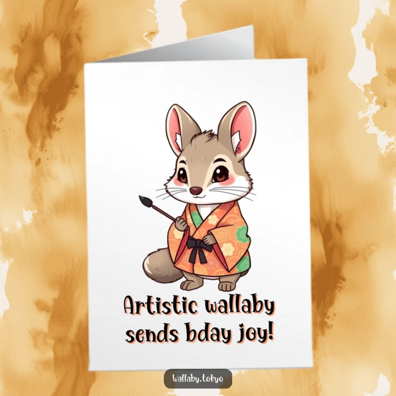 Funny Free Printable Birthday Card: Wallaby in a colorful kimono holding an ink brush, ready to paint birthday wishes.