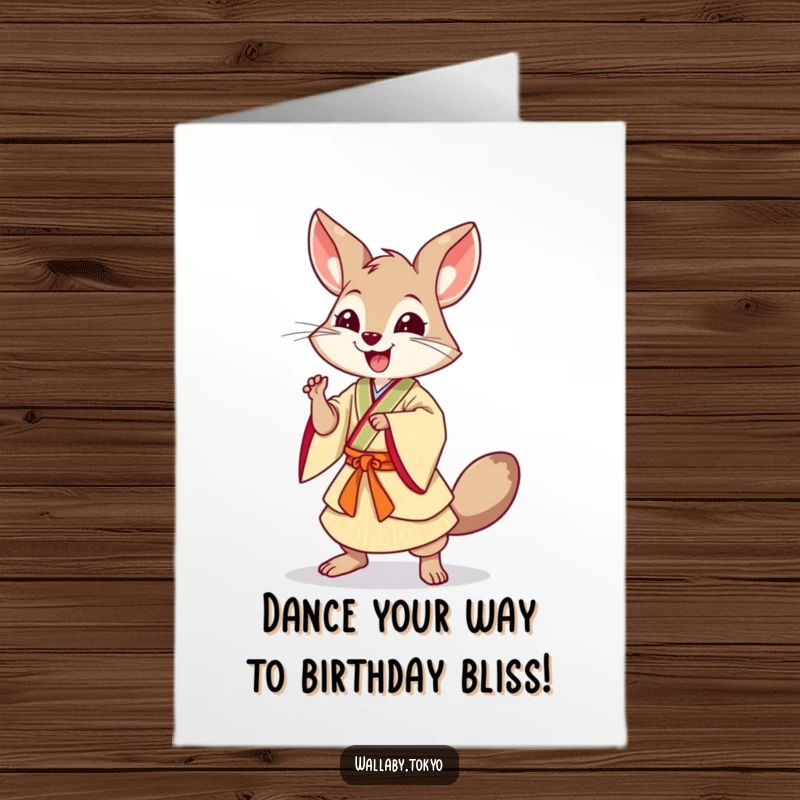 Funny Free Printable Birthday Card: A wallaby in Japanese dress strikes a dynamic dancing pose for a Happy Birthday wish.
