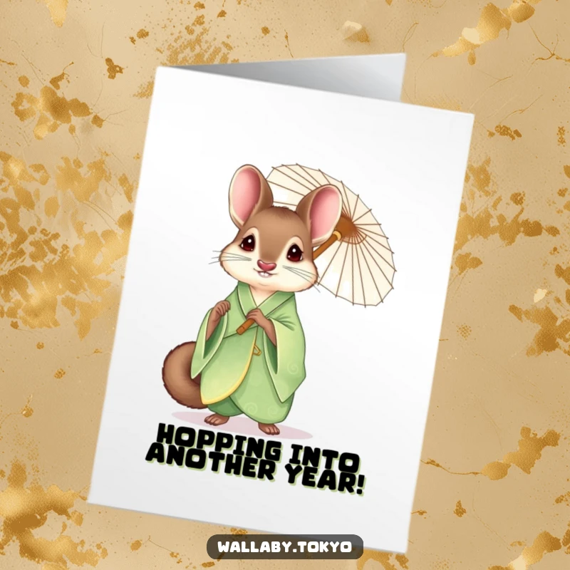 Funny Free Printable Birthday Card: Wallaby in green kimono with umbrella, elegant and humorous for a special occasion.