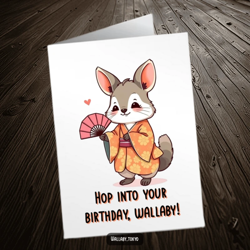 Free Printable Birthday Card of a wallaby in a kimono bowing with a fan.