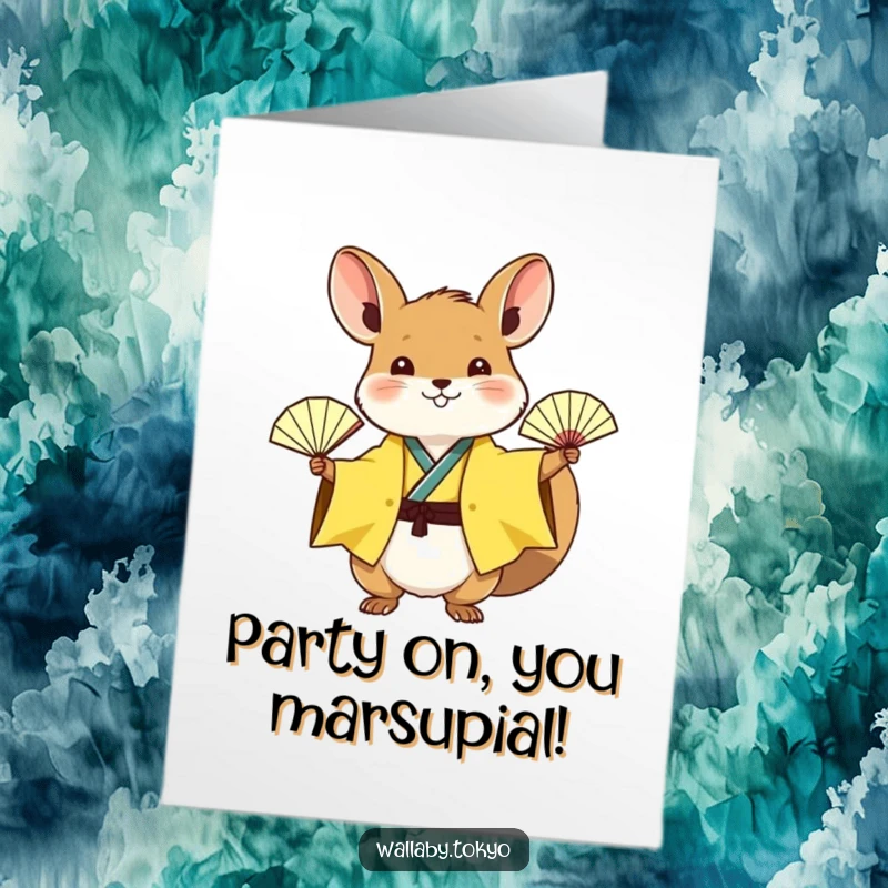 Funny Free Printable Birthday Card: Wallaby in yellow kimono waving a fan, full of excitement and birthday cheer.
