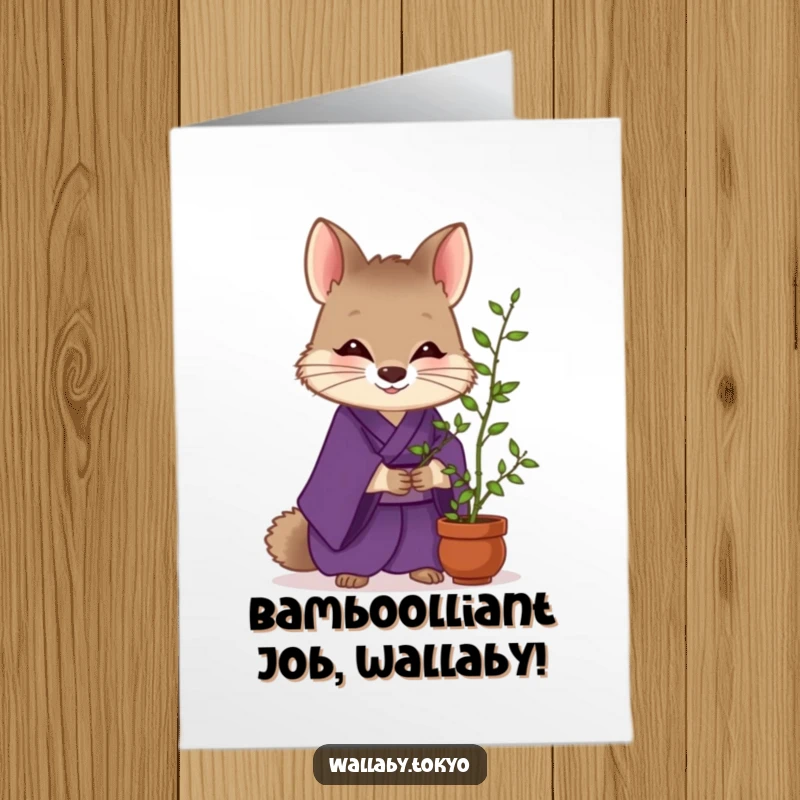 Funny Free Printable Congratulations Card: Wallaby in a deep purple kimono gently tending a tiny potted bamboo, celebrating growth.