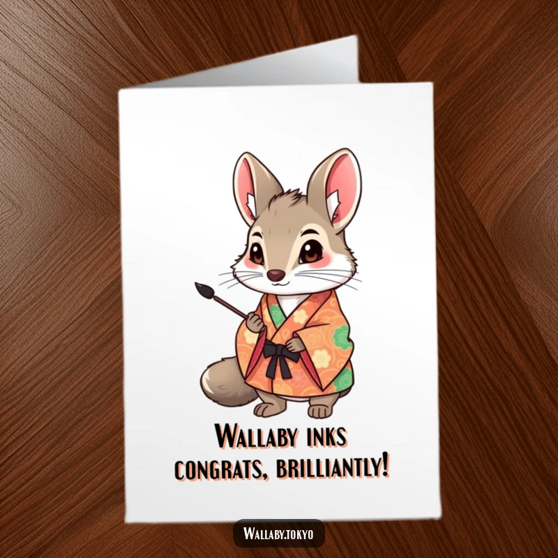 Funny Free Printable Congratulations Card: Wallaby in a patterned kimono skillfully holding an ink brush, celebrating success.