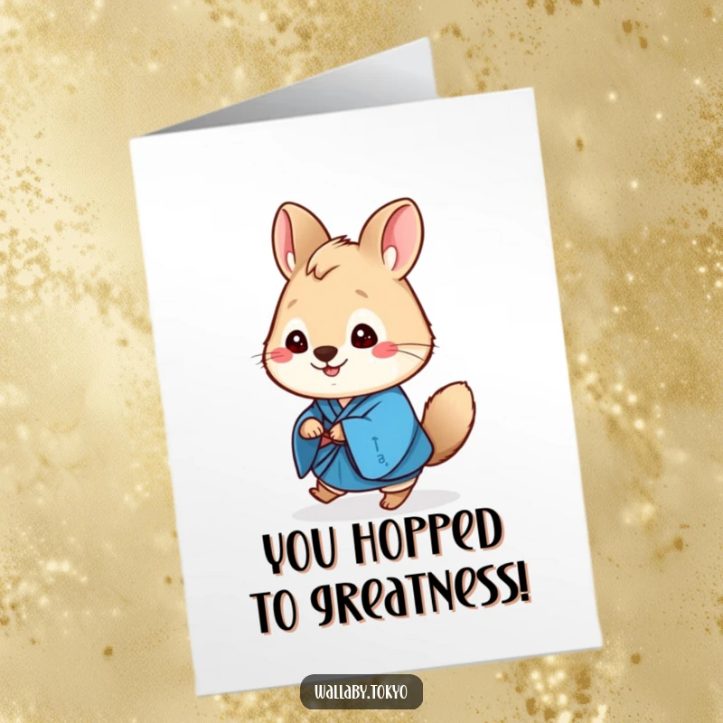Funny Free Printable Congratulations Card: A cute, round wallaby in a vibrant blue kimono, cheerfully hopping.