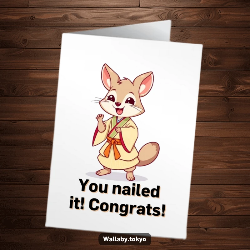 Funny Free Printable Congratulations Card: A wallaby in Japanese dress performs a dynamic dance pose to celebrate an achievement.