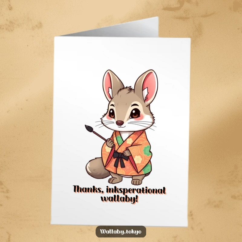 Funny Free Printable Thank You Card: Wallaby in a colorful kimono with an ink brush, offering a creative and humorous thank you.