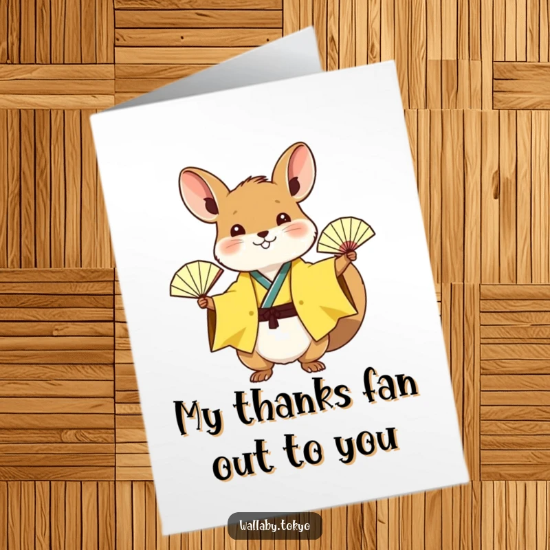 Funny Free Printable Thank You Card: Wallaby in a sunny yellow kimono waving a tiny fan, conveying thanks joyfully.