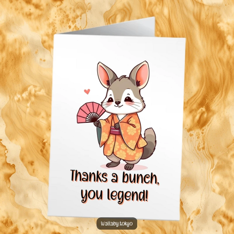 Free Printable Thank You Card of a wallaby in a kimono bowing with a fan.