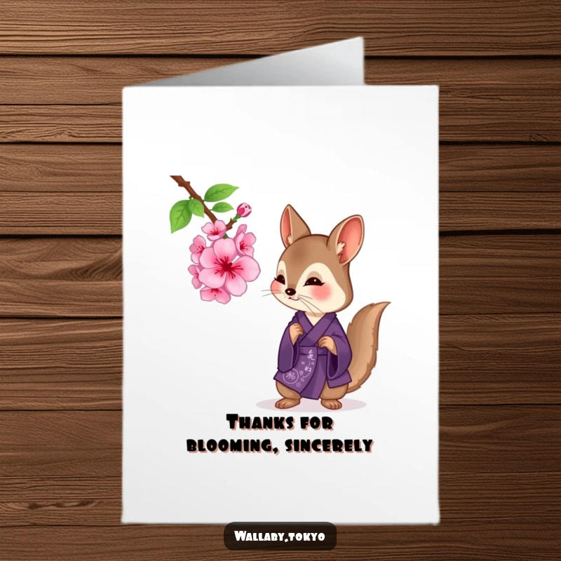 Funny Free Printable Thank You Card: Wallaby in deep purple kimono looking at a cherry blossom, expressing thanks gently.