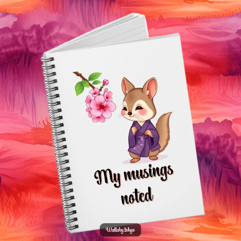 Funny wallaby in a deep purple kimono examining a cherry blossom, lined notebook for writing, contemplative and humorous.