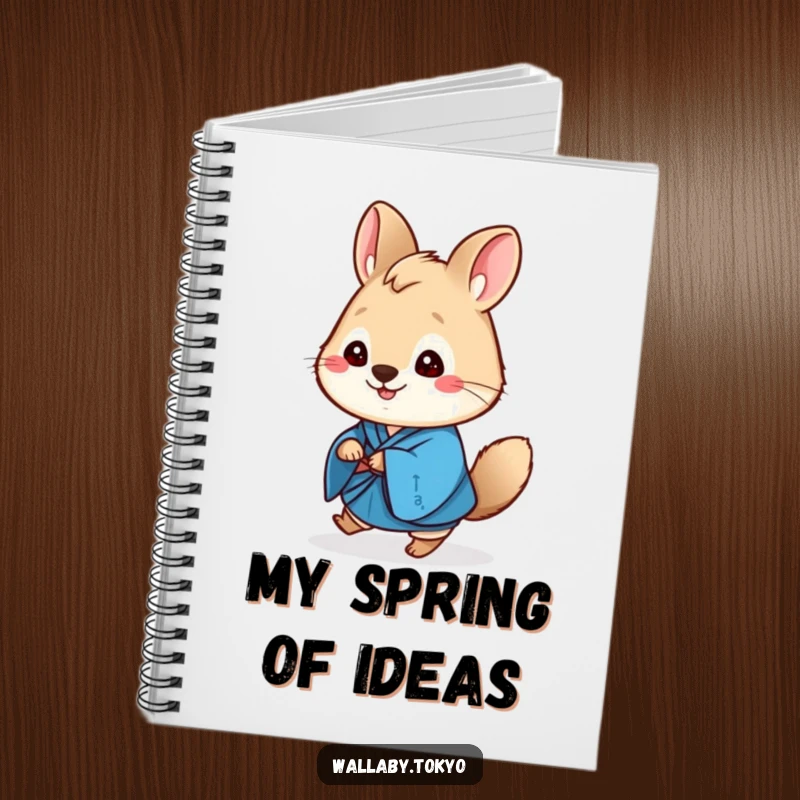 Funny blue kimono wallaby notebook, round and cute, cheerfully hopping forward, ready for your notes.