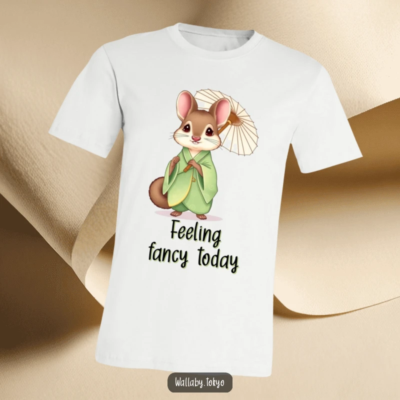 Funny wallaby wearing an elegant green kimono, holding a delicate paper umbrella with graceful poise, soft cotton tee gift.