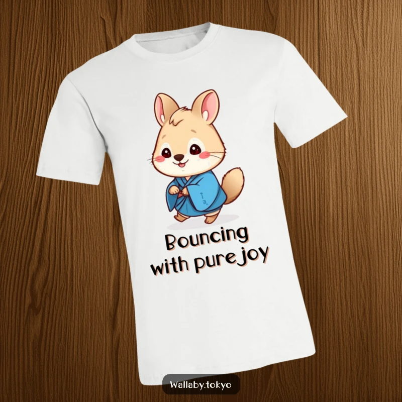 Funny cute round wallaby t-shirt, in a blue kimono, joyfully taking a small hop forward.