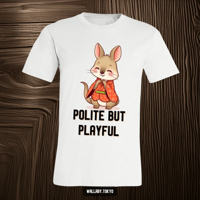 Funny wallaby t-shirt, in a patterned red kimono, playfully bowing with a warm, happy smile.