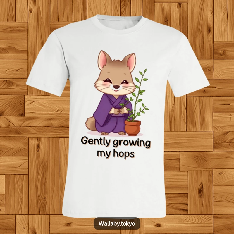Funny Wallaby Zen T-Shirt: A wallaby in a purple kimono lovingly tends to a tiny bamboo plant, showcasing peaceful and humorous vibes. Perfect funny gift.