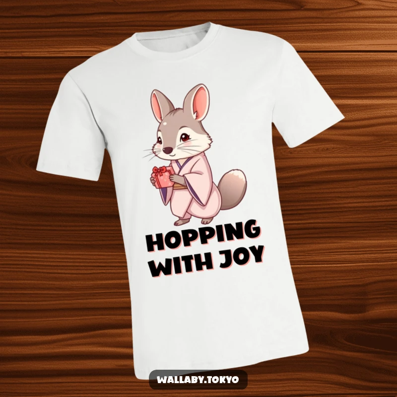 Funny t-shirt depicting an elegant wallaby in a kimono, offering a small, beautifully wrapped gift, radiating politeness and charm.