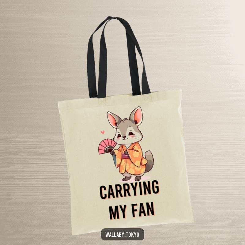 Funny Tote Bag with a wallaby in a patterned kimono, joyfully bowing with a fan, a humorous and practical accessory.