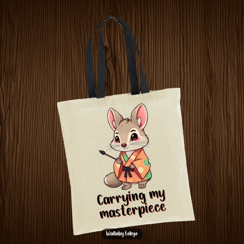 Funny Wallaby Art Tote Bag: A wallaby in a colorful kimono holds an ink brush, a humorous and stylish tote for art enthusiasts. Ideal funny gift.
