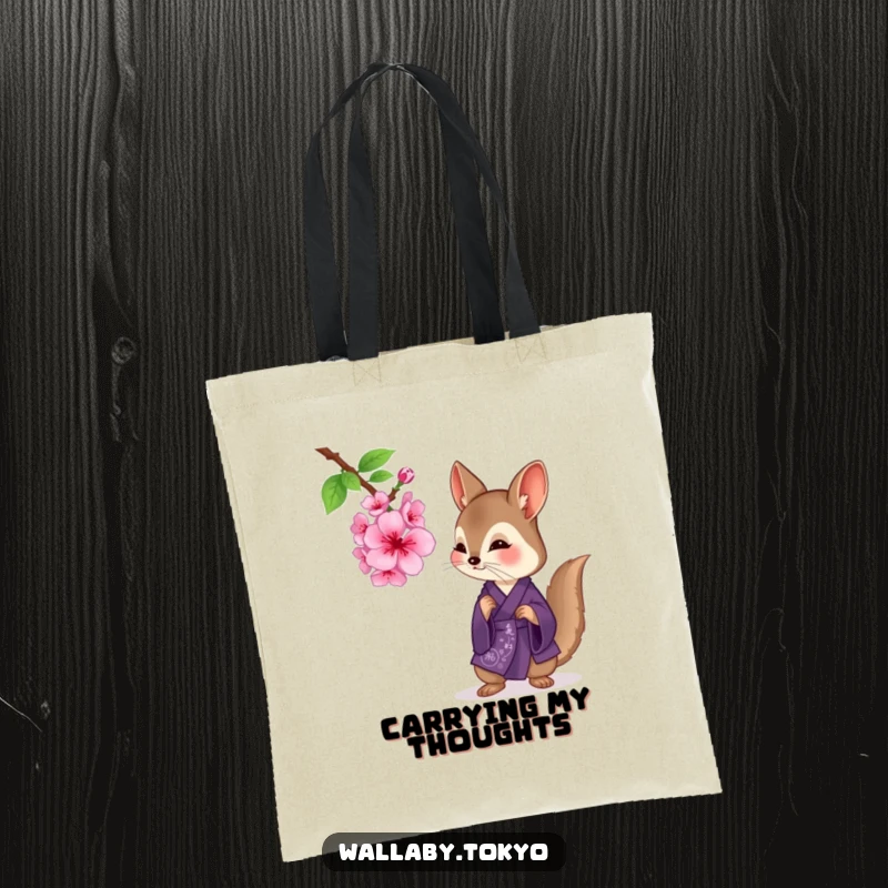 Funny wallaby in a deep purple kimono admiring a cherry blossom, artistic and humorous tote bag design.