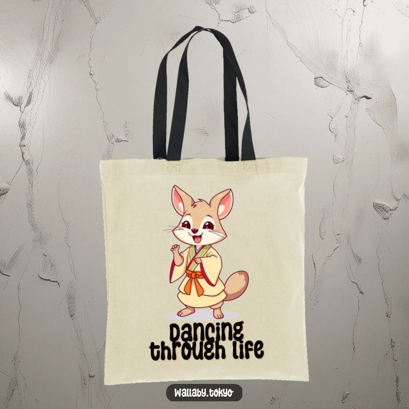 Funny Dancing Wallaby Tote Bag: A wallaby in traditional Japanese attire in a dynamic dance pose, a funny and functional accessory.