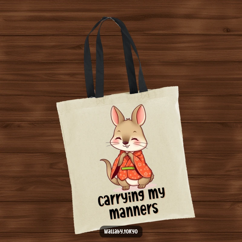 Funny wallaby tote bag, wearing a patterned red kimono, playfully bowing with a genuinely happy expression.